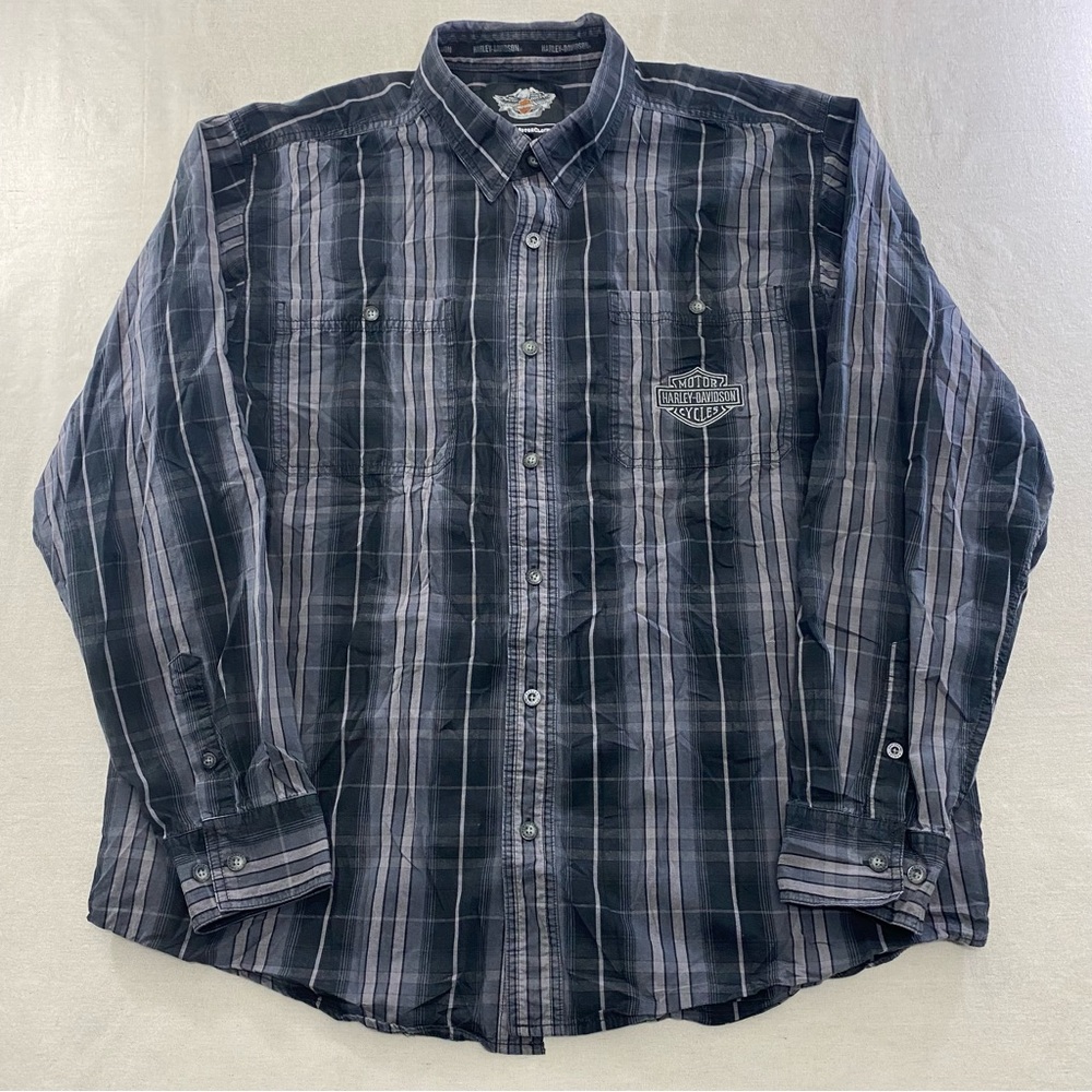Harley Davidson Long Sleeve Shirt Tall XL Black Plaid Flannel Embroidered Button
